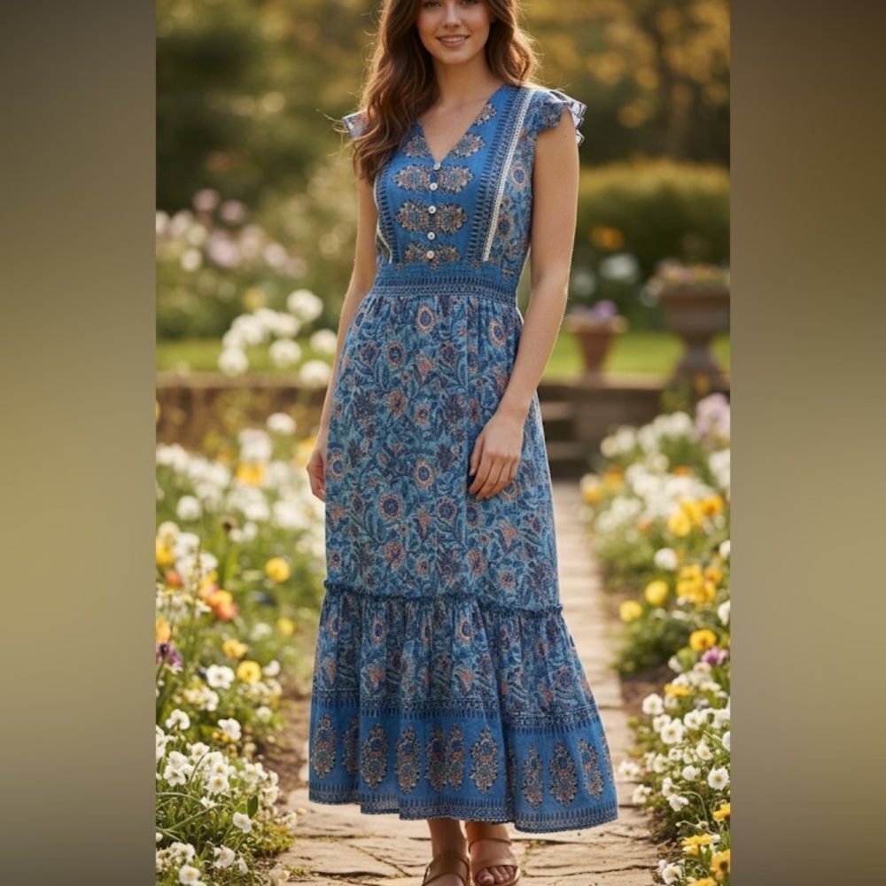 Sal Rosa Bohemian Cotton Silk Floral Print Midi Dress With Pockets Size XS